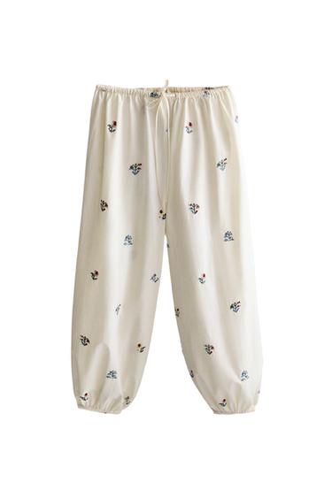 Zara FLORAL EMBROIDERED PAJAMA TROUSERS - Oyster-white