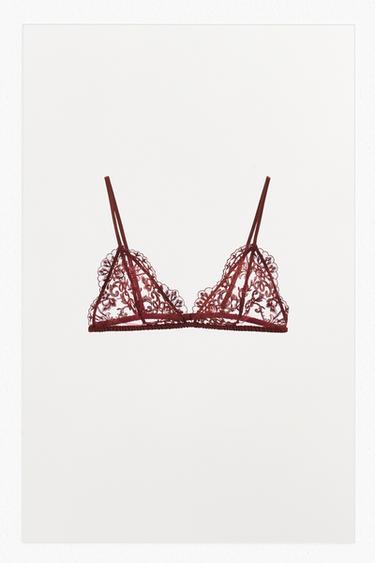 Zara EMBROIDERED LACE TRIANGLE BRALETTE - Dark red