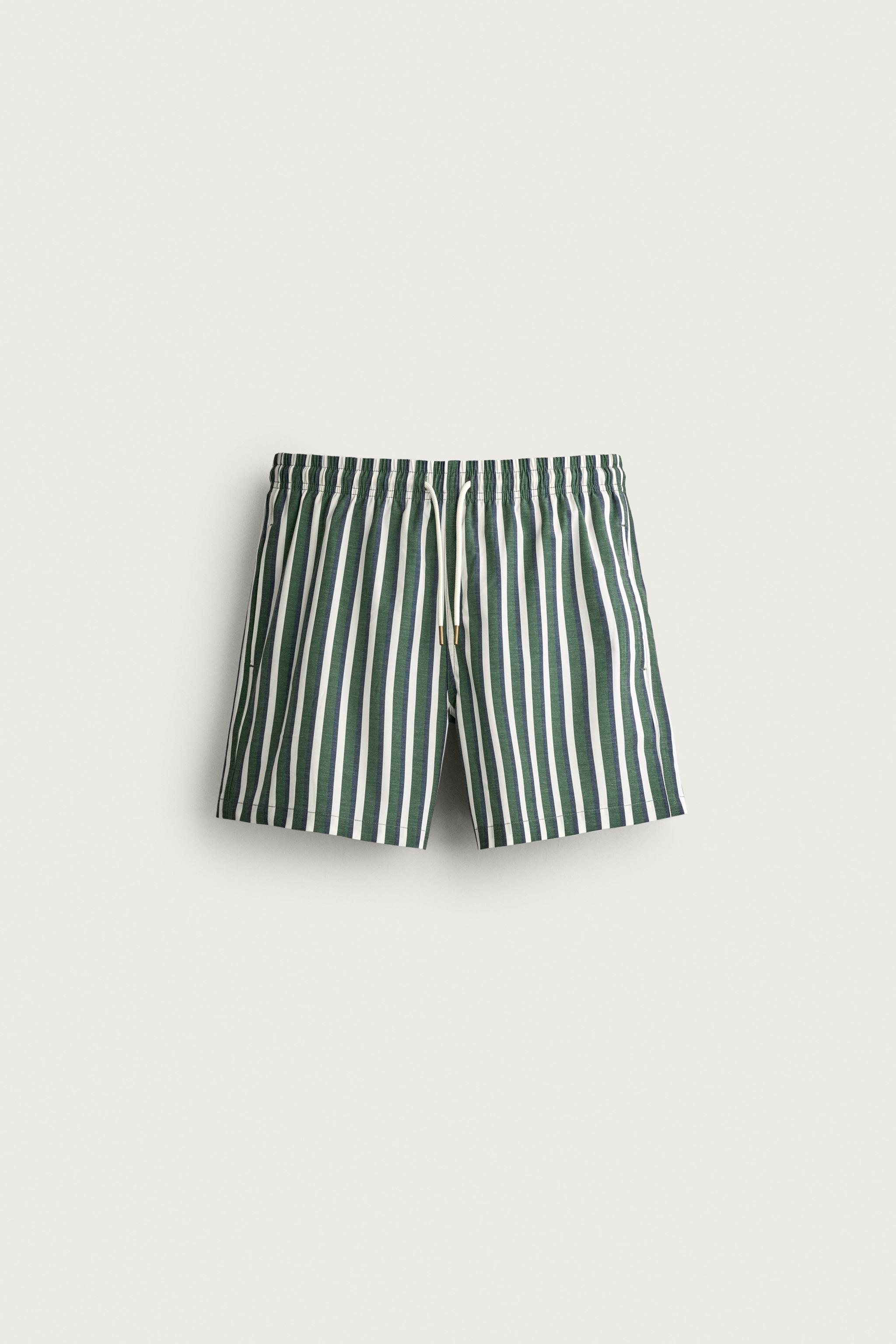 STRIPED MID-LENGTH SWIM SHORTS — Bottle green