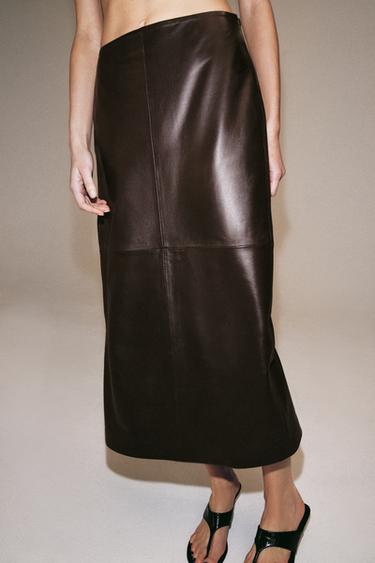 Zara ZW COLLECTION 100% LEATHER MIDI SKIRT - Brown