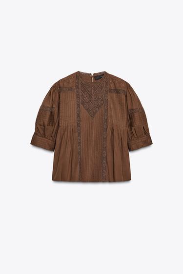 BLUSE MIT SPITZE ZW COLLECTION - Braun von Zara - Bild 0