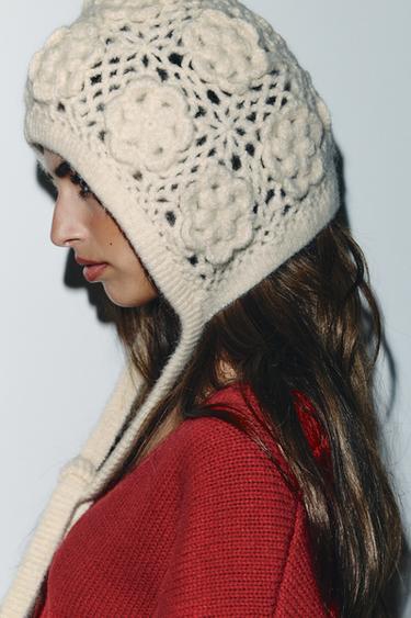 BONNET EN CROCHET À FLEURS EN RELIEF - Écru de Zara - Image 1