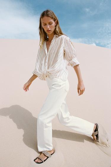 JEAN Z1975 SLIM TAILLE HAUTE SURPIQÛRES CONTRASTANTES - Écru de Zara