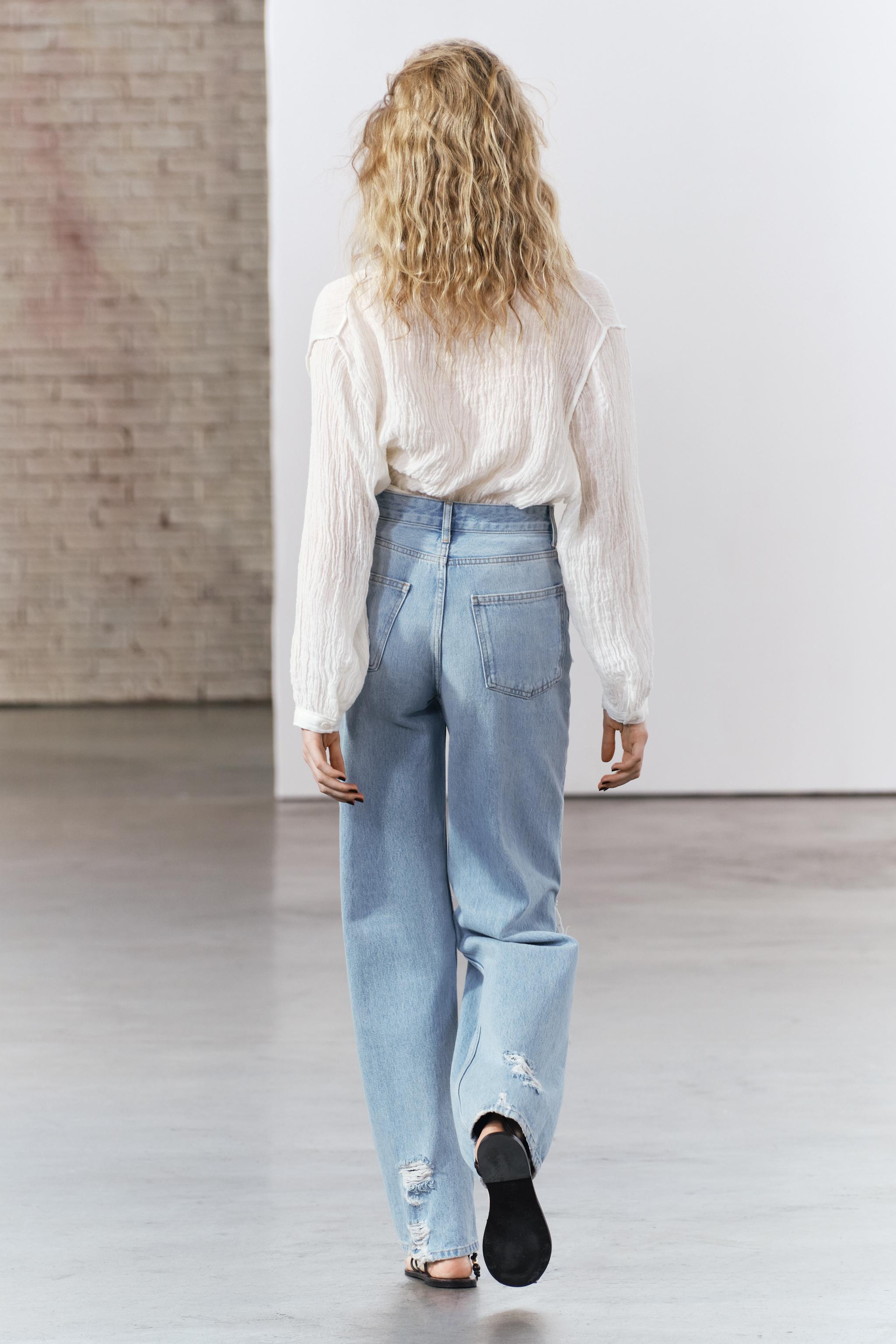 ZW COLLECTION HIGH WAIST WIDE LEG RIPPED JEANS - Light blue | ZARA 