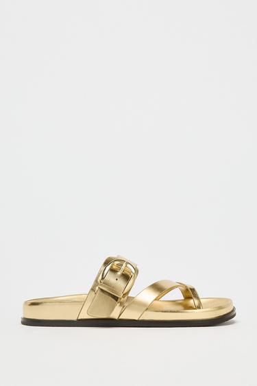 METALLIC CROSSOVER STRAP SANDALS - Gold by Zara