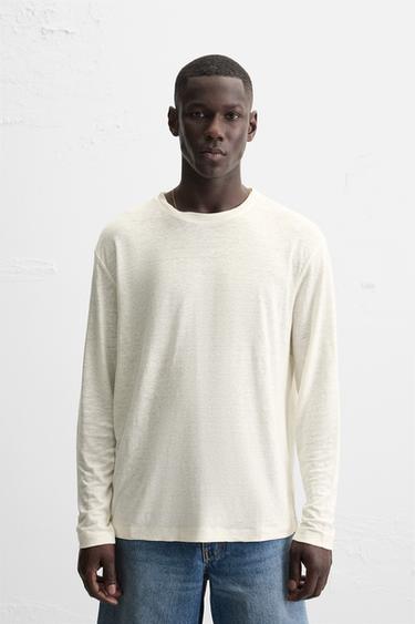 Zara LINEN BLEND T-SHIRT - Oyster-white