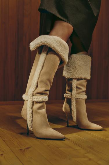 Zara 拼接高跟長靴 - 淺米色