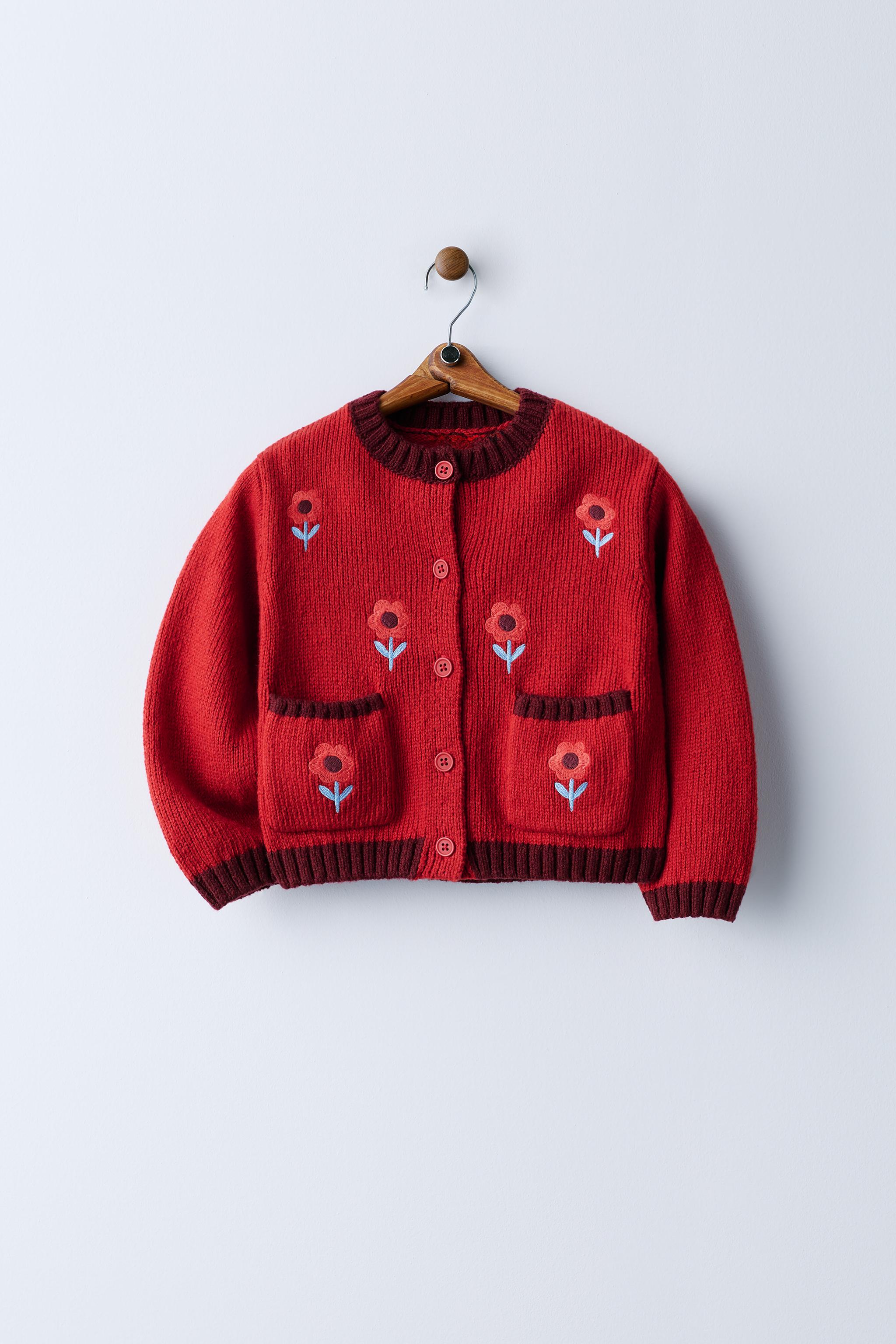EMBROIDERED FLORAL CARDIGAN — Red