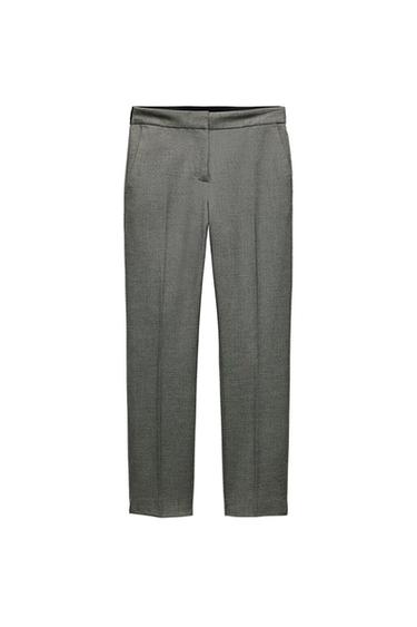 Front view of gray pants with side pockets and center creases.