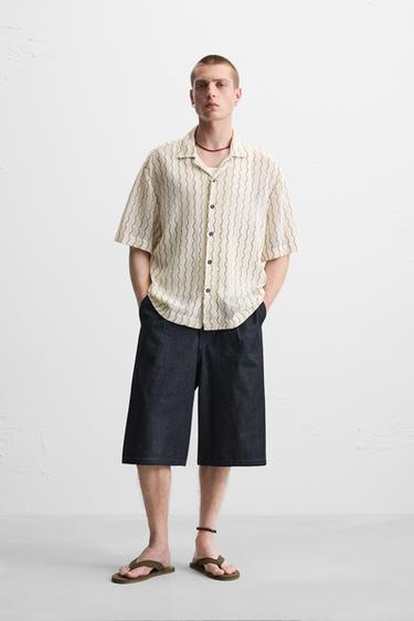 Zara OPEN-WEAVE TEXTURED SHIRT - Ecru / Black