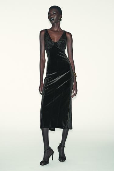 VESTIDO MIDI TERCIOPELO ENCAJE - Negro de Zara