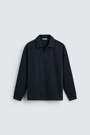 Zara RIB STRUCTURED POLO SHIRT - Navy blue