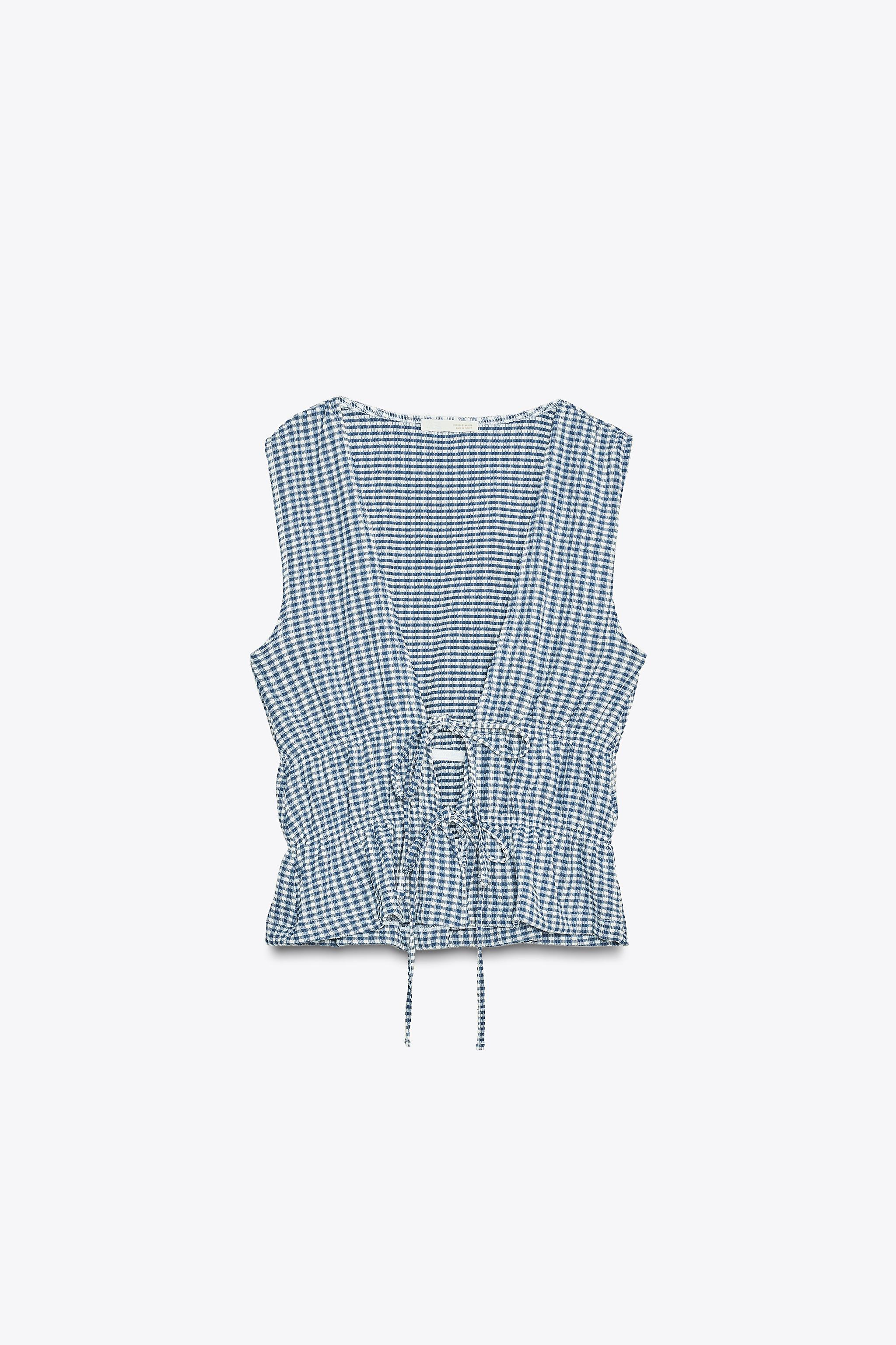 ふく GINGHAM TIE TOP - Blue / White | ZARA United States