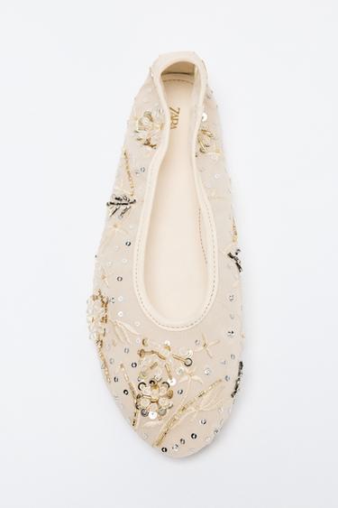 MESH BALLET FLATS WITH BEAD DETAIL - Ecru by Zara