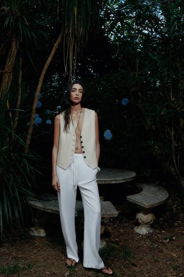 LINEN BLEND STRAIGHT TROUSERS - Oyster-white by Zara