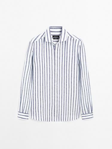 Zara Regular fit striped linen shirt - Bluish - Image 0