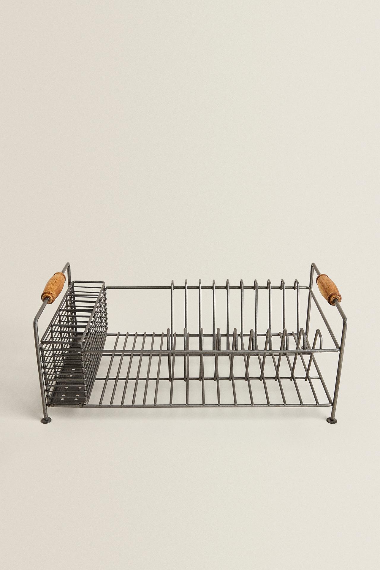 IRON AND ACACIA WOOD DISH DRAINER — Steel