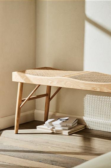 Zara WOOD AND RATTAN BENCH - Light beige