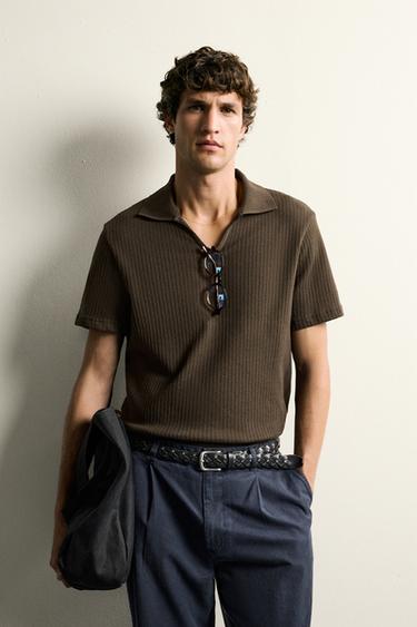 Zara REGULAR FIT OPEN-KNIT POLO - Brown