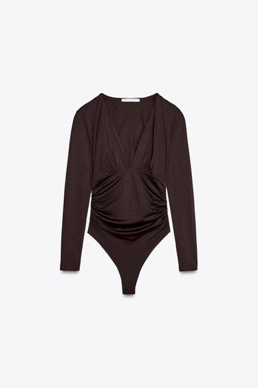GATHERED POLYAMIDE BODYSUIT - Dark brown by Zara