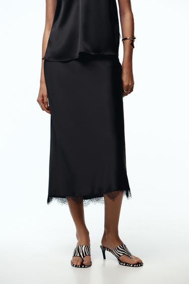 SATIN MIDI LACE SKIRT - Black by Zara - Image 1