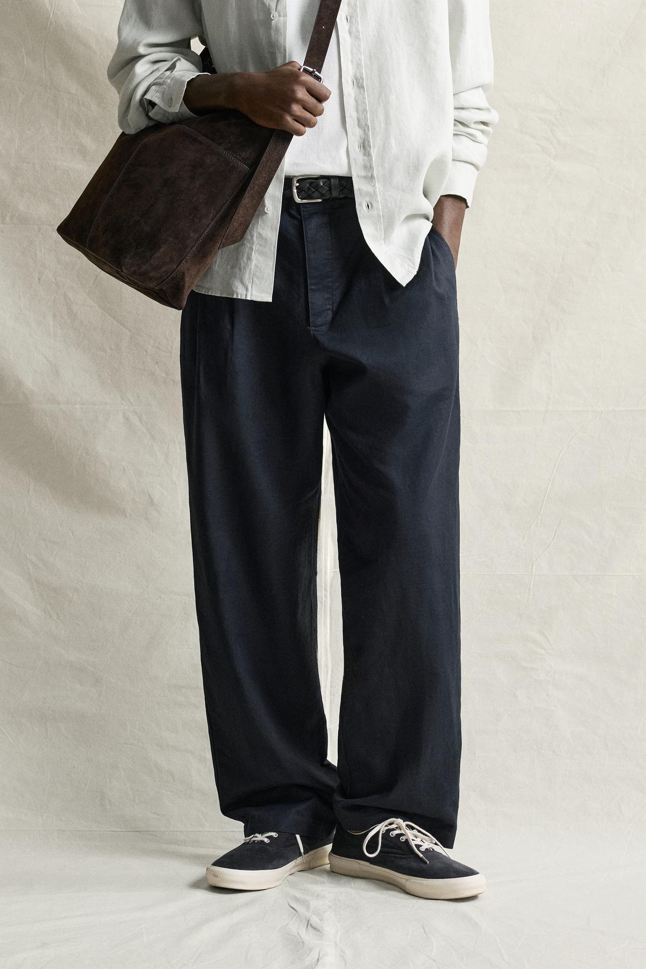 HEMP AND COTTON RELAXED FIT PANTS — Dark navy