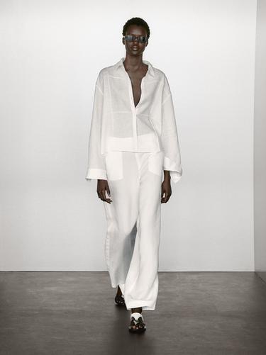 Zara 100% linen shirt with embroidered detail - White - Image 0