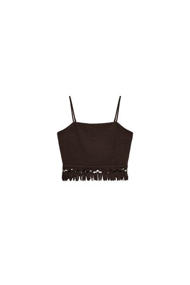 FRINGED CROP TOP - Brown by Zara