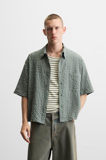 Zara SEERSUCKER PLAID SHIRT - Khaki