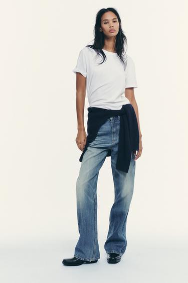 Zara TRF HIGH WAIST WIDE LEG FULL LENGTH JEANS - Blue