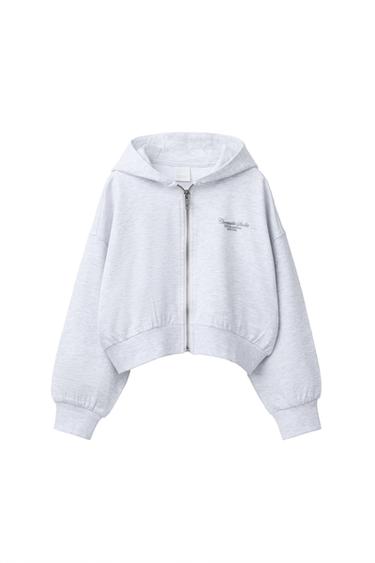 سويت شيرت بغطاء رأس بتصميم بارز TEXRO - رمادي فيجوريه الخاص بـ Zara