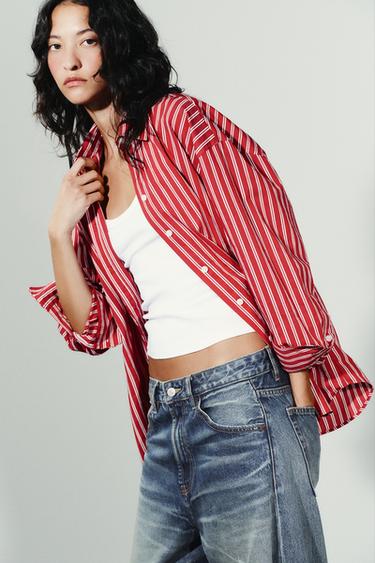 OVERSIZE STRIPED POPLIN SHIRT - Red / White by Zara