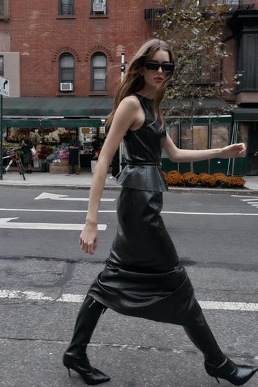 Zara FAUX LEATHER MIDI SKIRT - Black