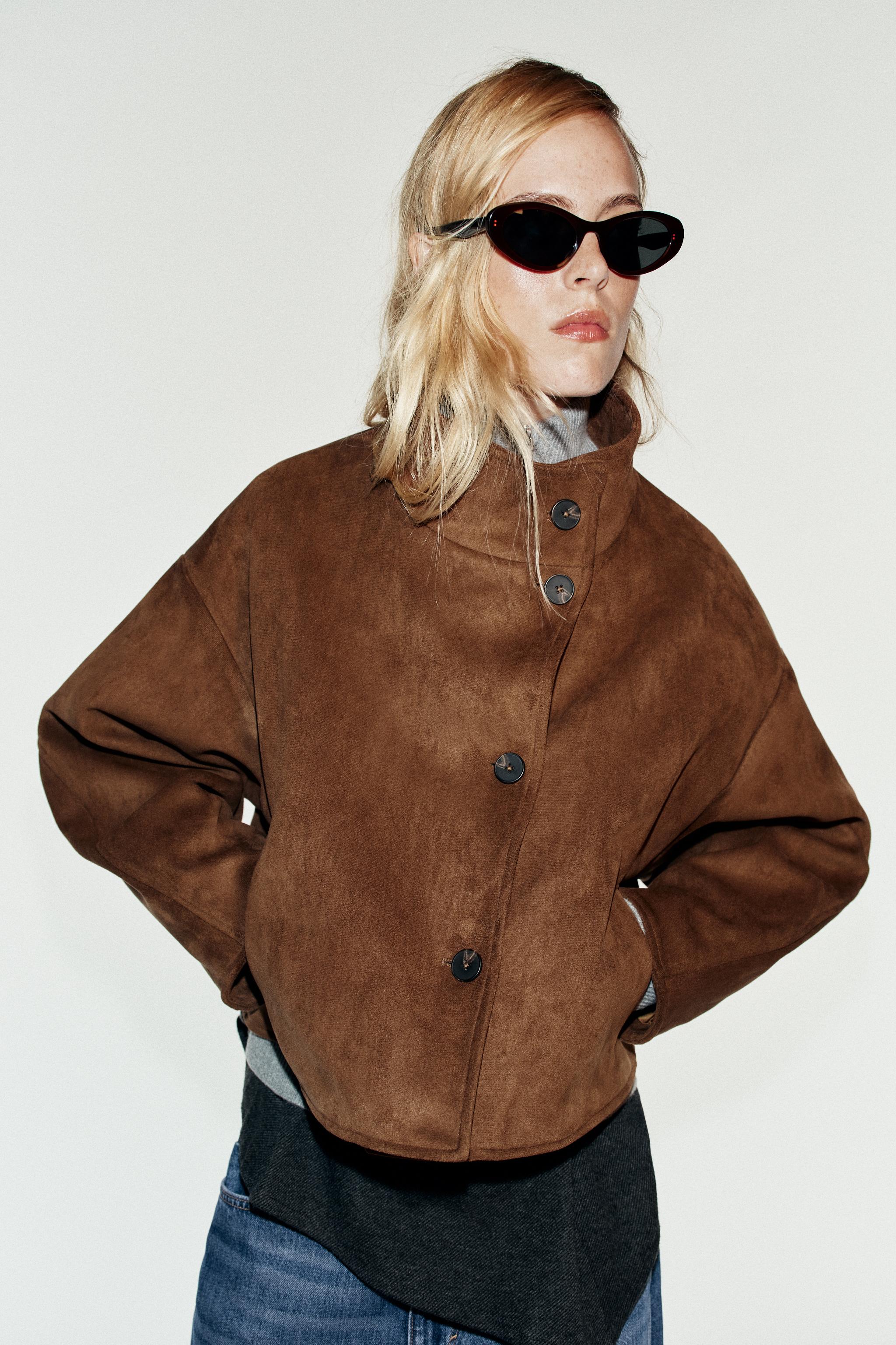 CROPPED FAUX SUEDE JACKET — Brown