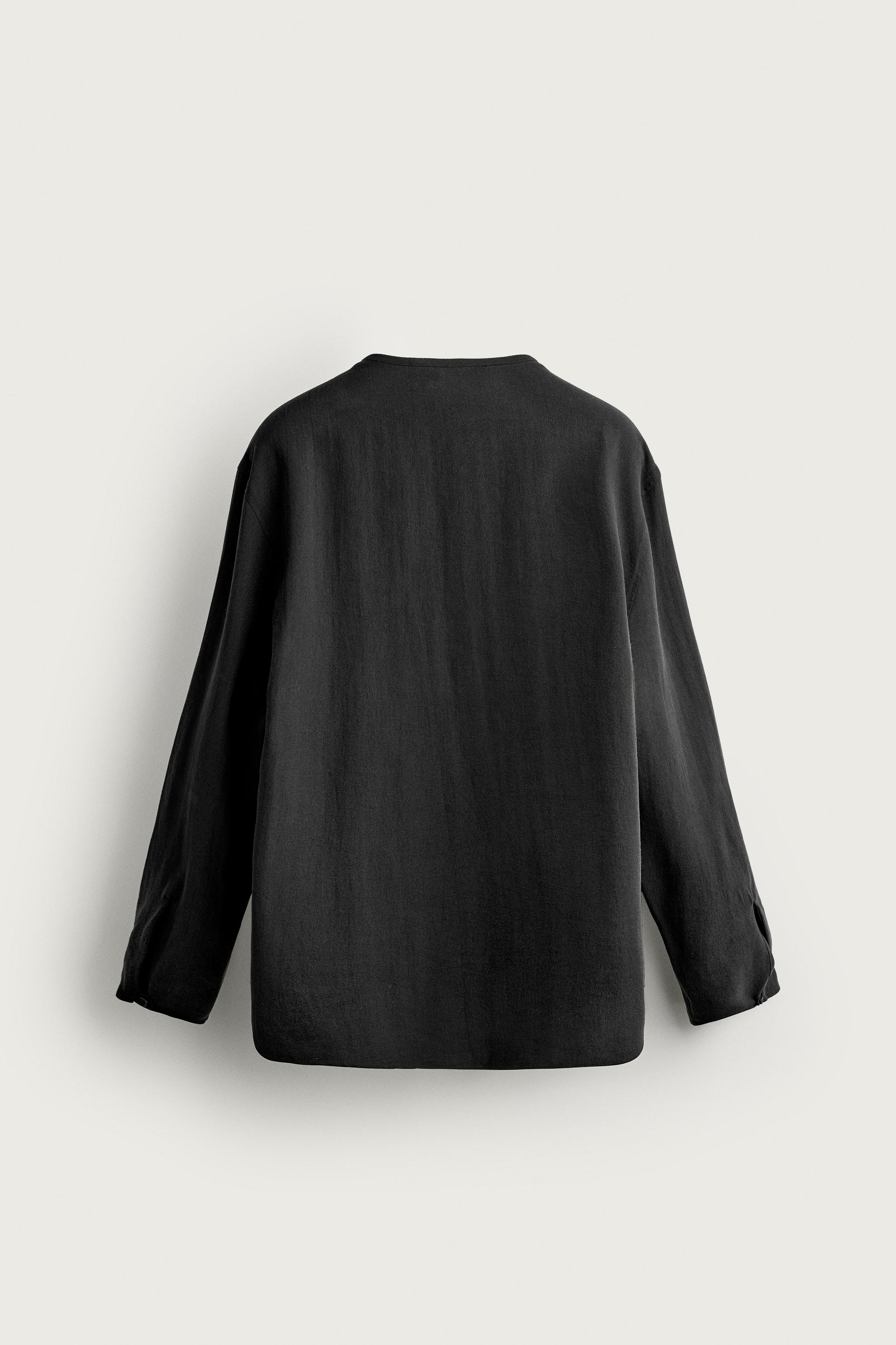 HENLEY NECK SHIRT WITH POCKETS — Black