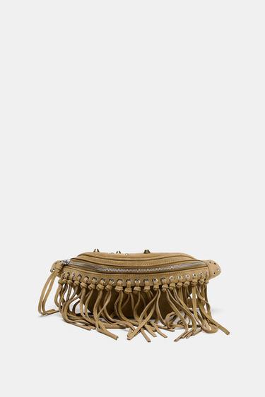 Zara FRINGED SPLIT LEATHER BELT BAG - Dark tan