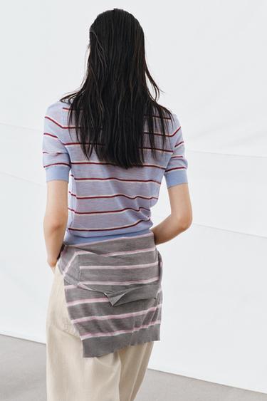 FINE KNIT STRIPED WOOL BLEND SHORT SLEEVE JUMPER - Blue by Zara