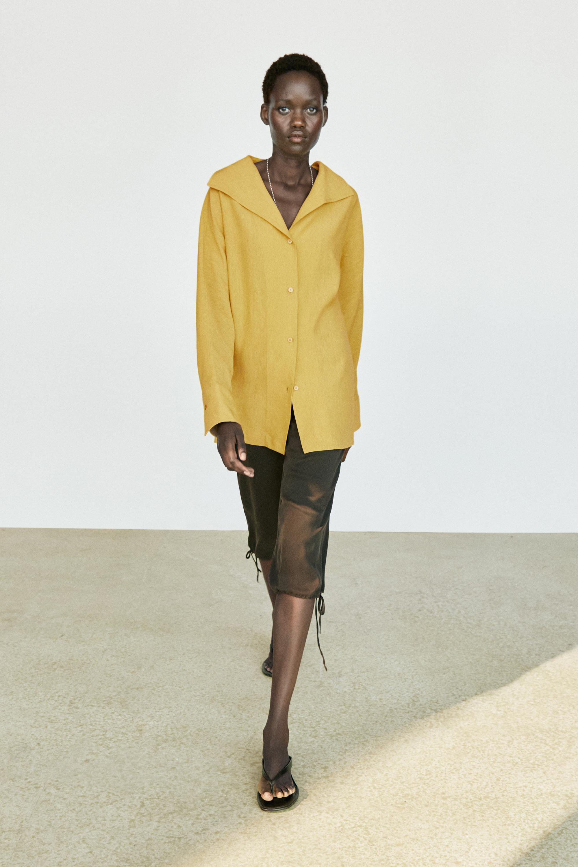 Flowing linen blend shirt with statement collar — Mustard