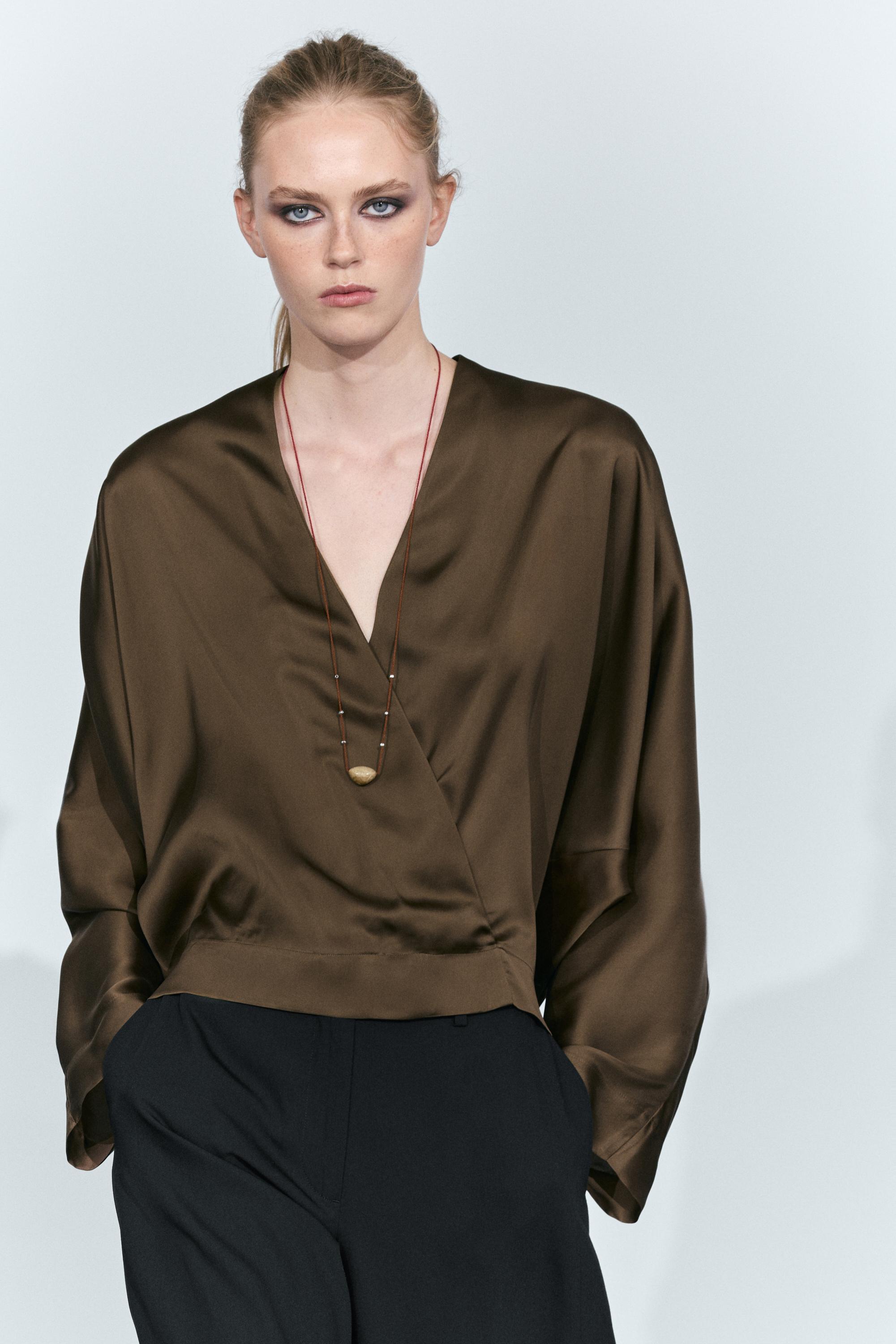 Satin wrap blouse with batwing sleeves