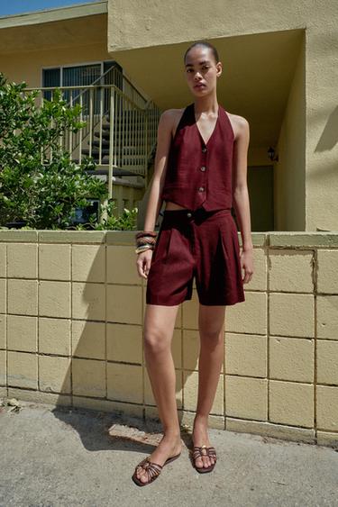 Zara LINEN HALTER VEST - Burgundy