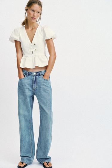 Zara TOP PEPLUM SA ZLATNIM GUMBIMA – prljavo bijela
