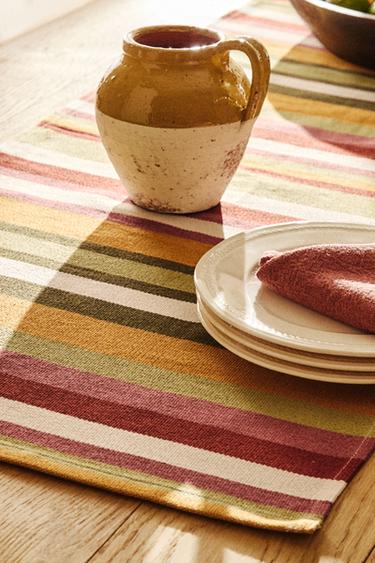 MULTICOLOURED STRIPED COTTON TABLE RUNNER - Green by Zara