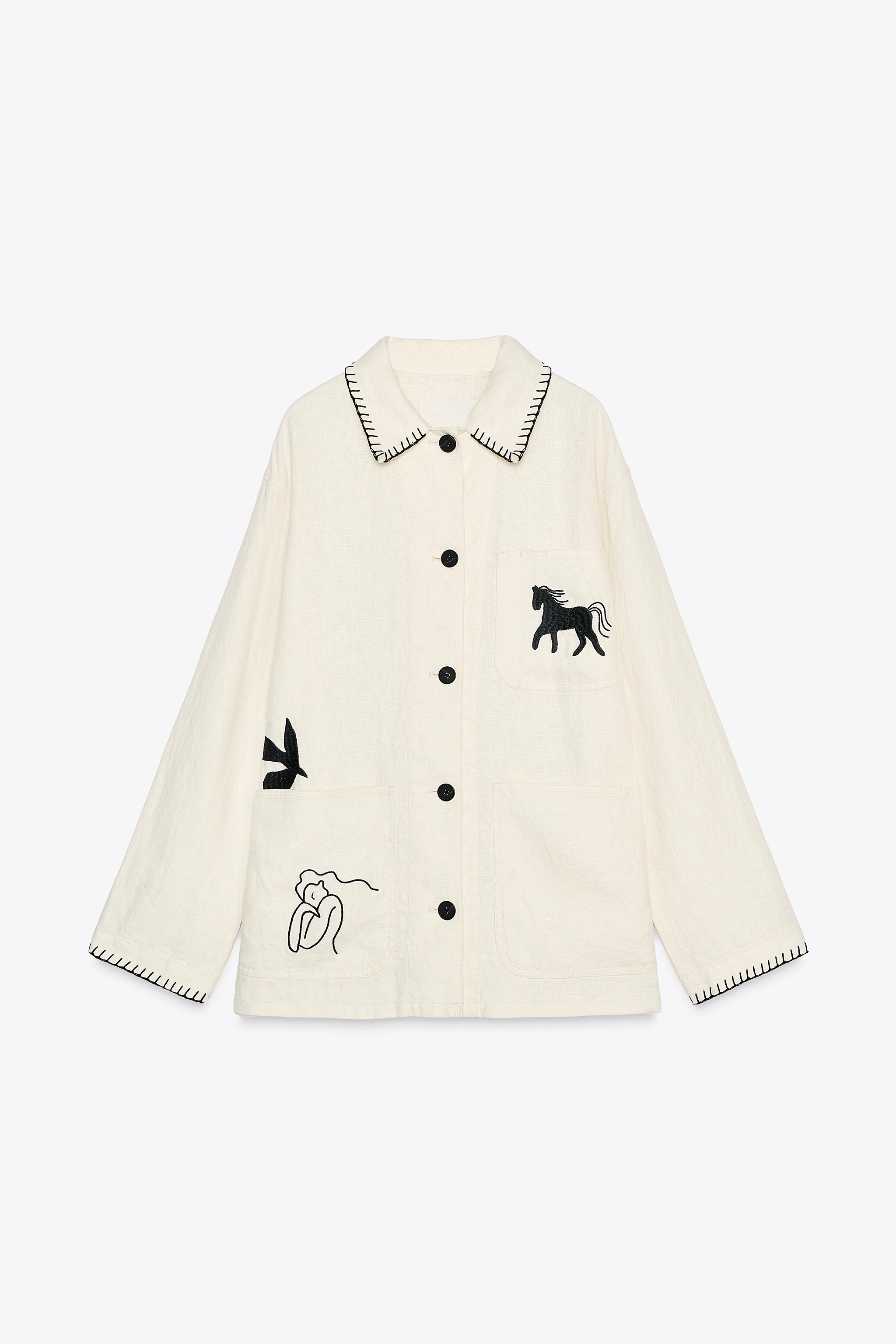 EMBROIDERED LINEN OVERSHIRT ZW COLLECTION - Oyster-white