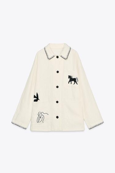 EMBROIDERED LINEN OVERSHIRT ZW COLLECTION - Oyster-white by Zara - Image 6