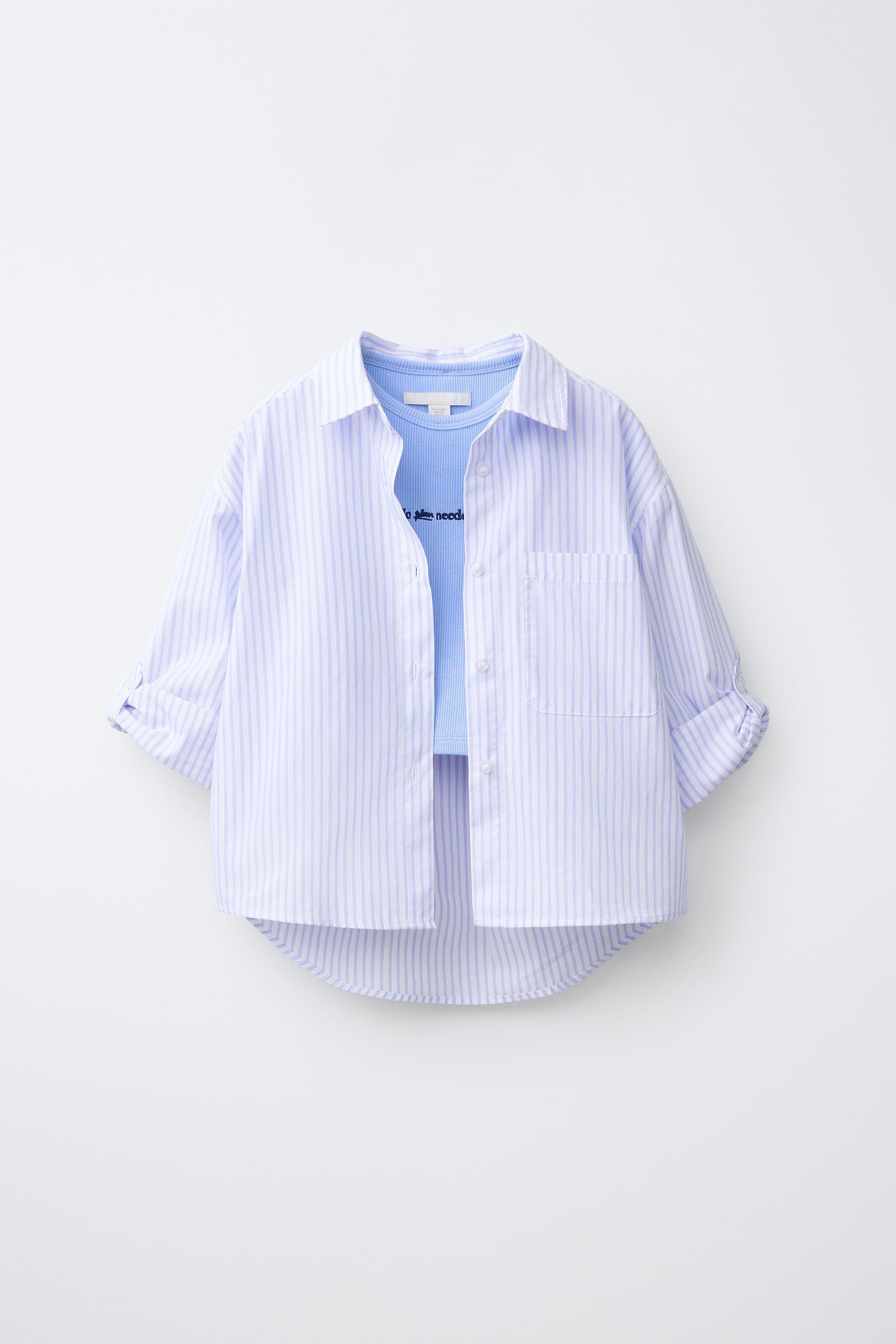 STRIPED SHIRT AND EMBROIDERED RIB T-SHIRT SET — Blue