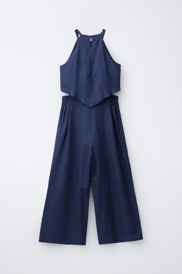 LINEN BLEND HALTER JUMPSUIT - navy by Zara