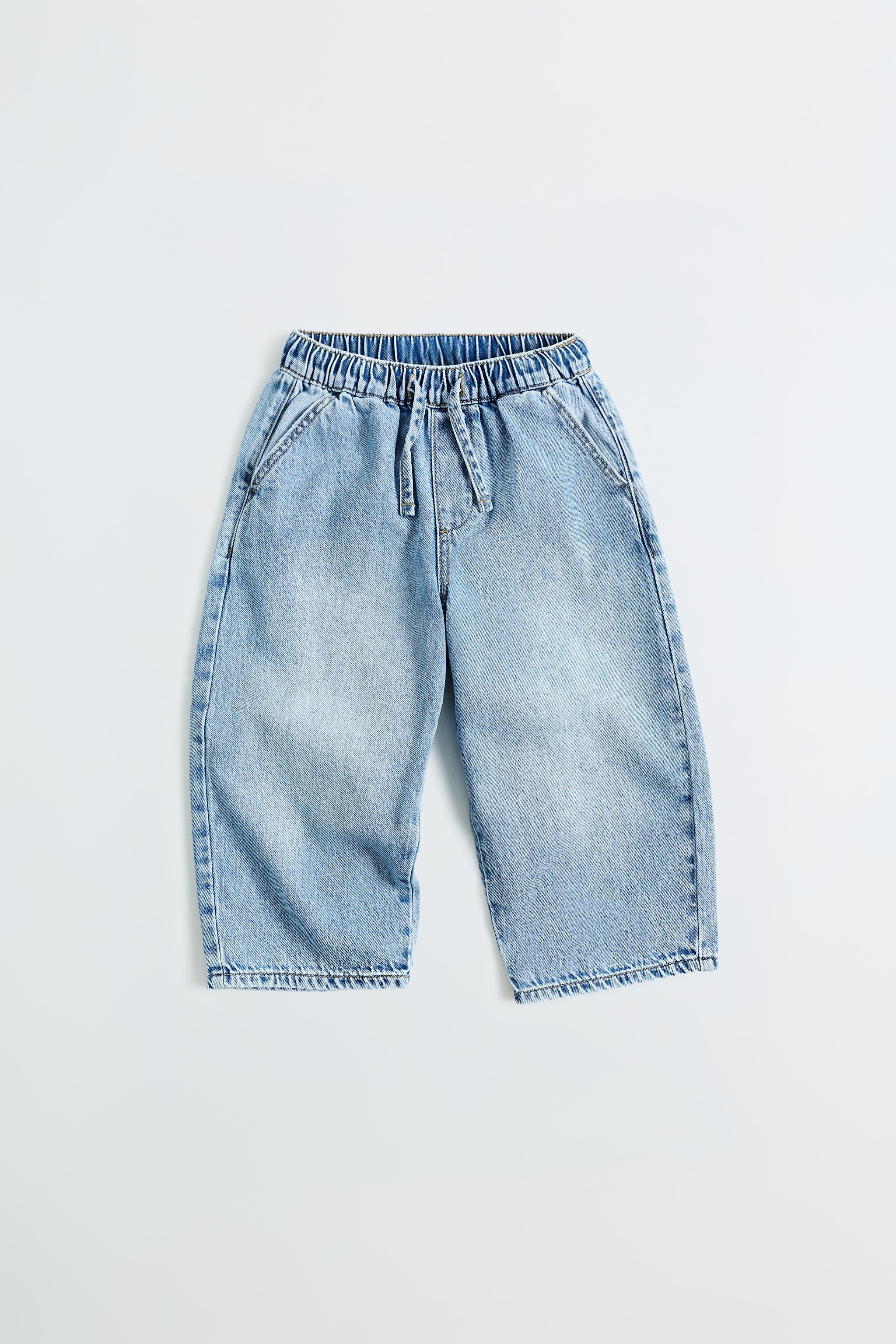 STRIPED TIE-WAIST LOOSE JEANS — Light blue