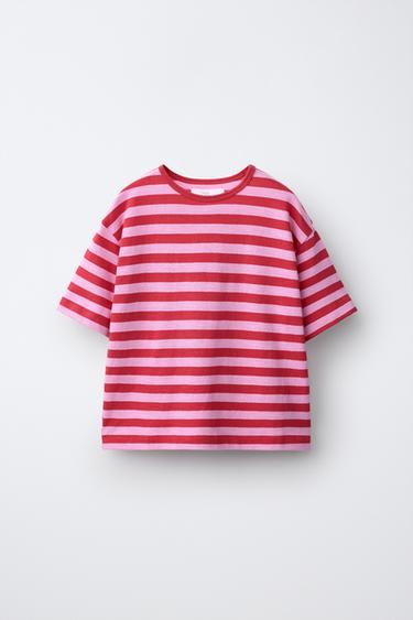 Zara LOOSE FIT STRIPED T-SHIRT - Pink