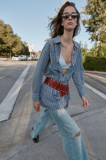 SHORT CHECKED DRESS WITH BELT AND RUFFLES - Brown-Blue by Zara - Image 2
