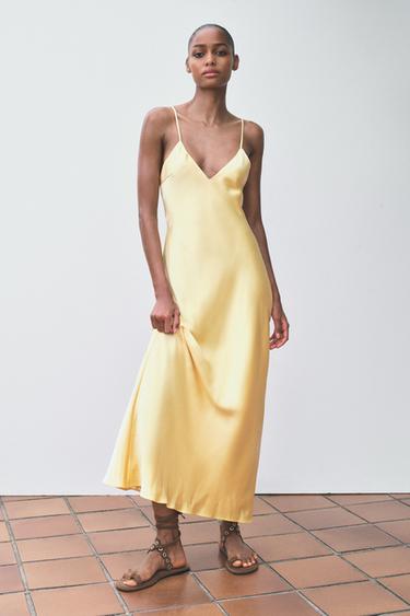 ROBE MIDI SATINÉE - Jaune de Zara - Image 0